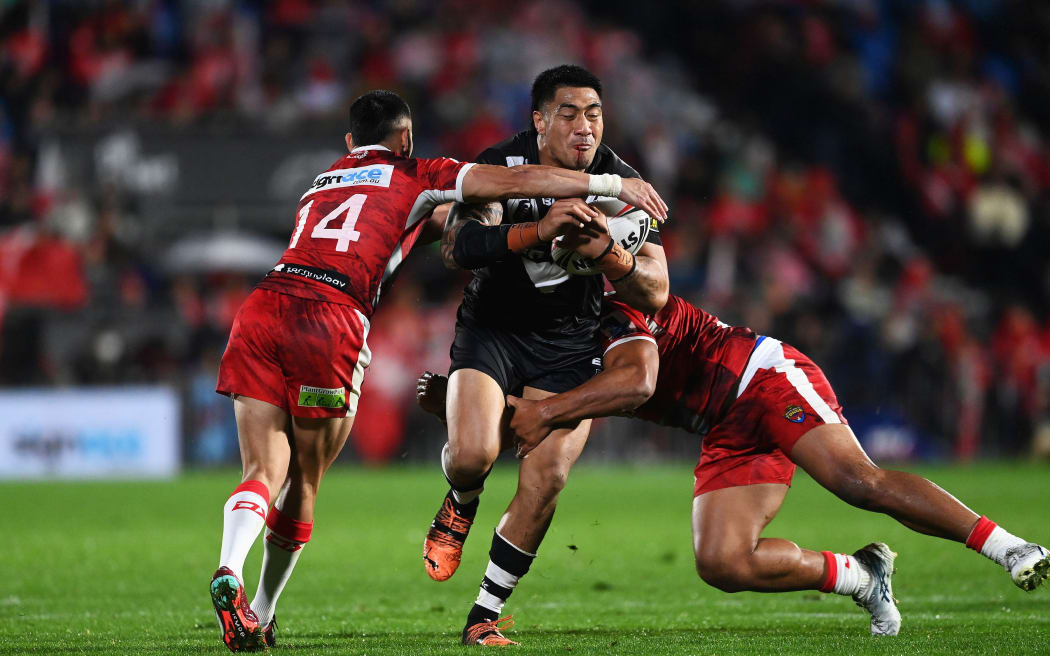 Kiwis player Moses Leota in action against Mate Ma’a Tonga, 2022.