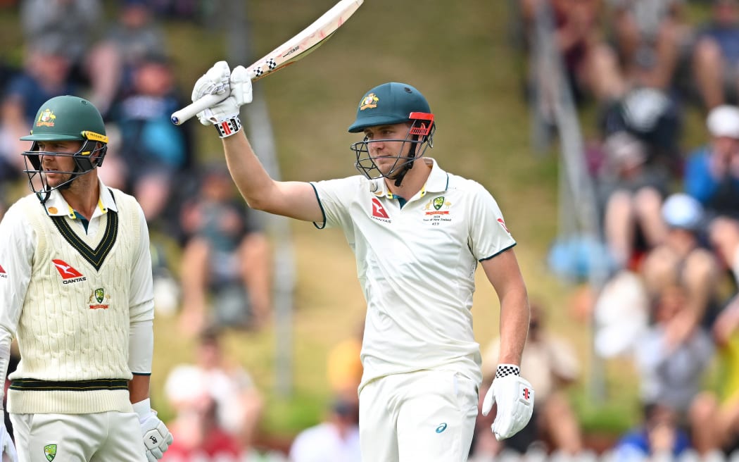 Australia's Cameron Green celebrates scoring 150 runs against the New Zealand Black Caps, in the first test at the Basin Reserve, March 1, 2024.  (Kerry Marshall/Photosport)