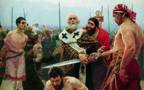 An artist's depiction of Saint Nicholas of Myra saving three men from death.