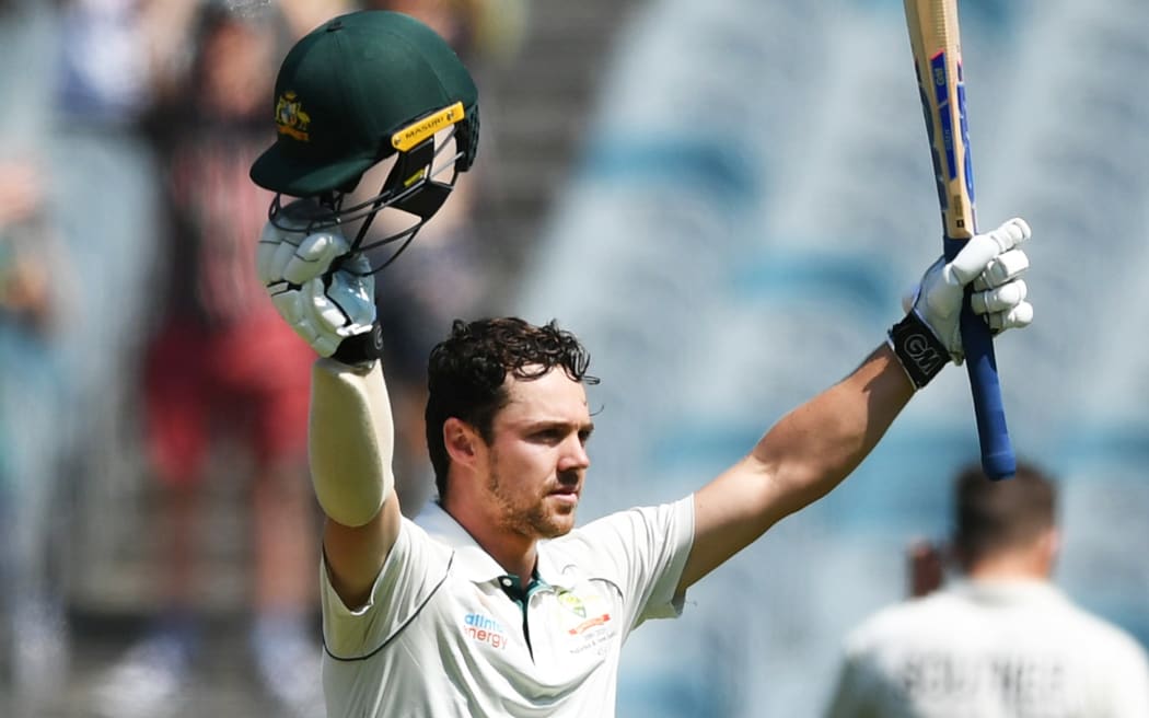 Australia's Travis Head celebrates his century, 100 not not during play on Day 2 of the second cricket test match. ICC World Test Championship, New Zealand Black Caps v Australia, MCG, Melbourne, Australia. Friday 27 December 2019 Â© Copyright Photo: Andrew Cornaga / www.photosport.nz