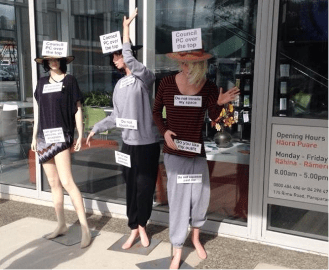 Mannequins placed outside the Kapiti Coast District Council building after the indecent assault incident.