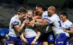 Luke Hanson celebrates with teammates after scoring. NSW Cup Finals Week 3 - Warriors v Eels.