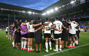 SAINT-ETIENNE, FRANCE - SEPTEMBER 17: The players of Fiji form a huddle at full-time following the Rugby World Cup France 2023 match between Australia and Fiji at Stade Geoffroy-Guichard on September 17, 2023 in Saint-Etienne, France. (Photo by Pauline Ballet - World Rugby/World Rugby via Getty Images)