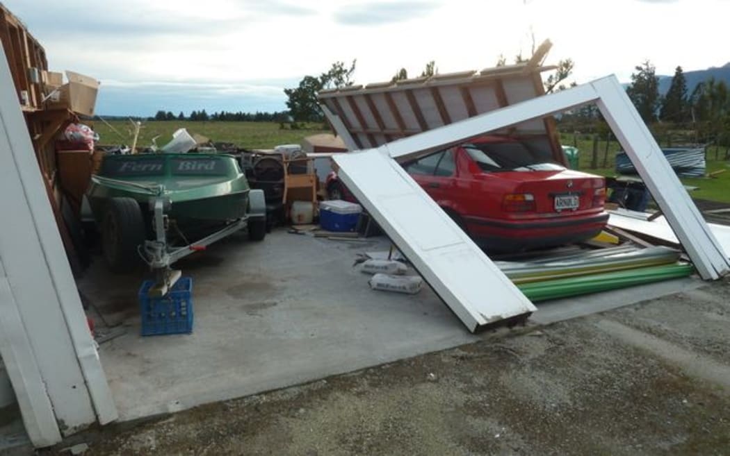 Blown away  - a Whataroa farm garage demolished during the Easter storm.