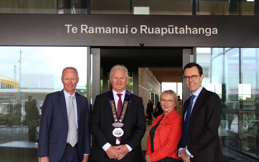 Former mayor Ross Dunlop, Mayor Phil Nixon, Toi Foundation chief executive Maria Ramsay, Whanganui MP Carl Bates at the opening of Te Ramanui o Ruapūtahanga in Hāwera.