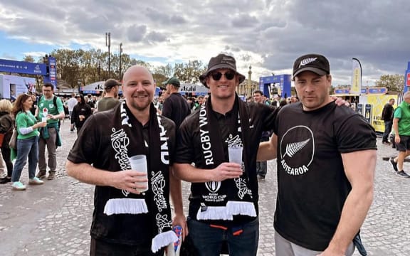 Adam John (right), Andy Peat and Kim Boustridge (left) at the 2023 Rugby World Cup ahead of the Ireland v All Blacks quarter final.
