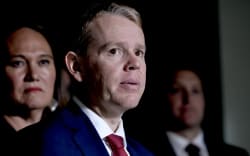 Labour Party leader Chris Hipkins in Auckland speaking to reporters after his State of Auckland speech on Thursday.