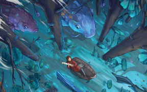 an illustration of a girl, floating in the water, surrounded by sharks, clutching a rolled-up piece of paper