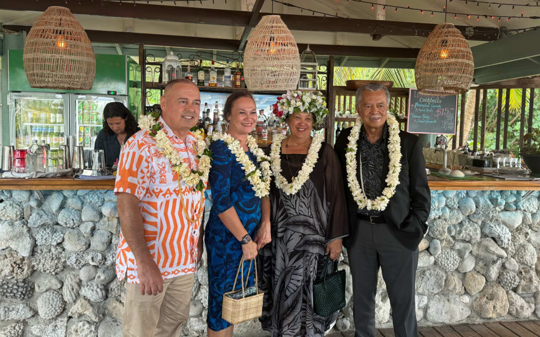 Left to right: PM Mark Brown, his wife wife Daphne, Cooks Islands MP Akaiti Puna and Forum secretary-general Henry Puna in Rarotonga. 2 November 2023.