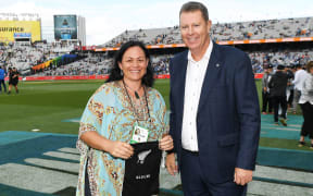 Maia Lewis at the White Ferns capping ceremony presented by New Zealand Cricket Chairman Greg Barclay.
New Zealand White Ferns v India. Women's Twenty20 International cricket. 2nd T20. Eden Park, Auckland, New Zealand.