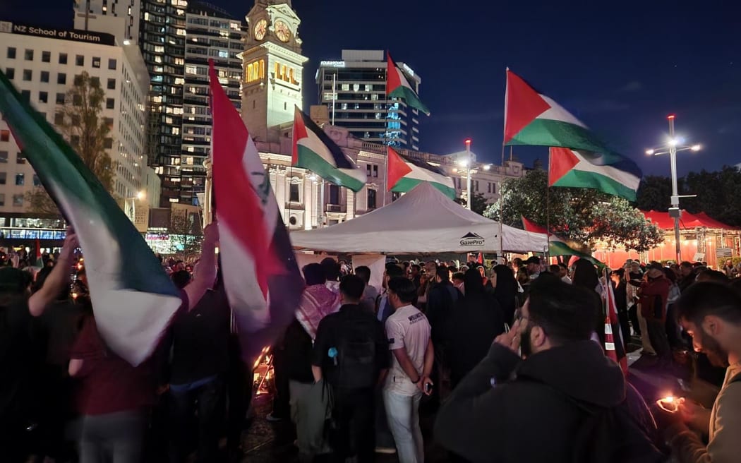 Hundreds attended a vigil in Aotea Square on Wednesday 18 October in support of Gaza. Protestors chanted, 'Free Palestine' and waved Palestinian flags.
