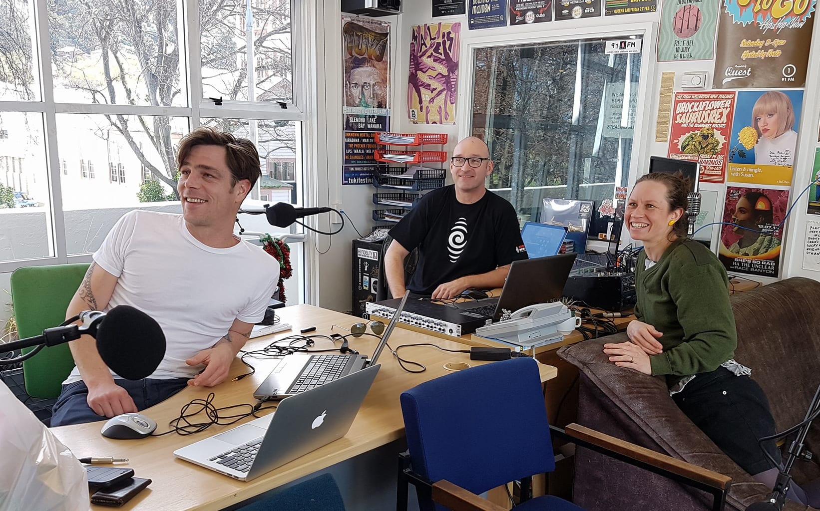 Alex Behan, Steve Burridge, Kirsten Johnstone at Radio One in Dunedin.