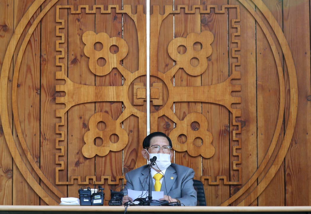 Lee Man-hee, leader of the Shincheonji Church of Jesus, speaks during a press conference at a facility of the church in Gapyeong on March 2, 2020.
