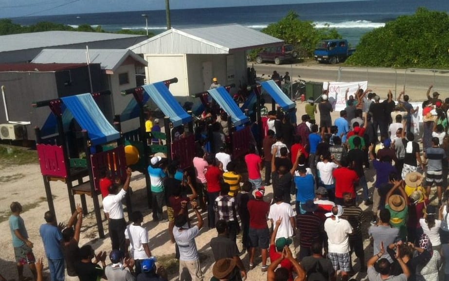 Protesting refugees at the asylum seeker processing centre on Nauru.