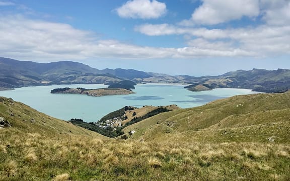Whakaraupō Lyttelton Harbour from above Cass Bay in Canterbury.