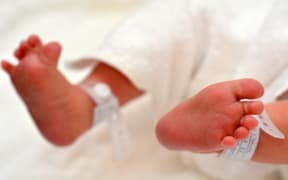 Newborn baby feet with identification bracelet tag name.