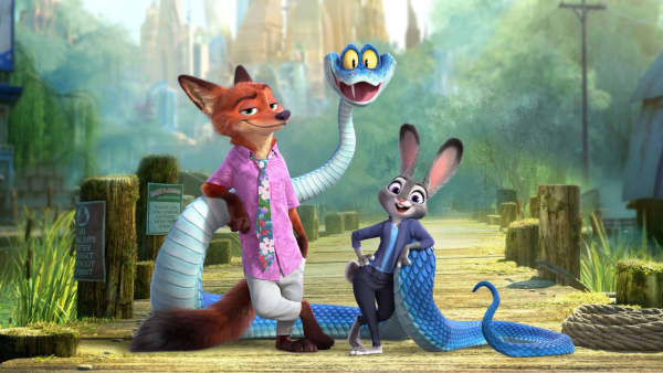 A cartoon rabbit, fox and snake smile at each other.