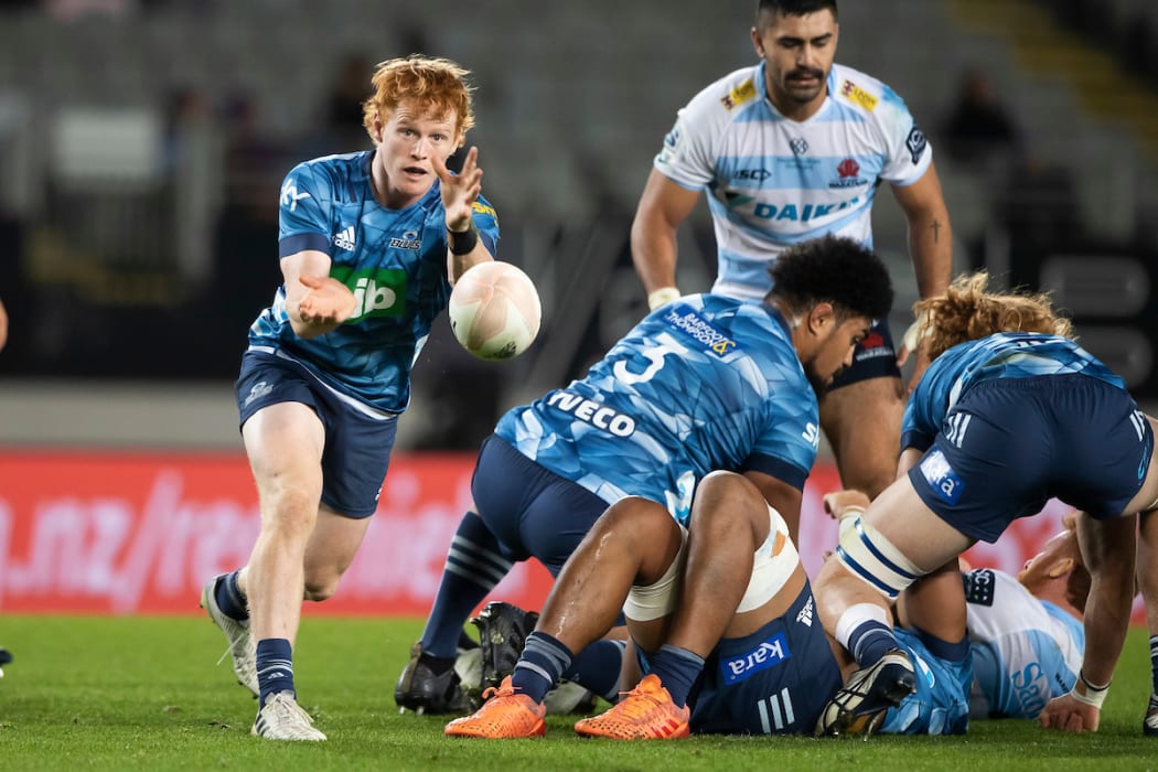 Blues halfback Finlay Christie during the SKY Super Rugby Trans-Tasman rugby match between the Blues and the Waratahs held at Eden Park, Auckland, New Zealand.  22  May  2021