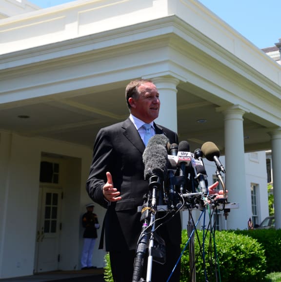 PM John Key addresses NZ and international media outside the West Wing of the White House.
