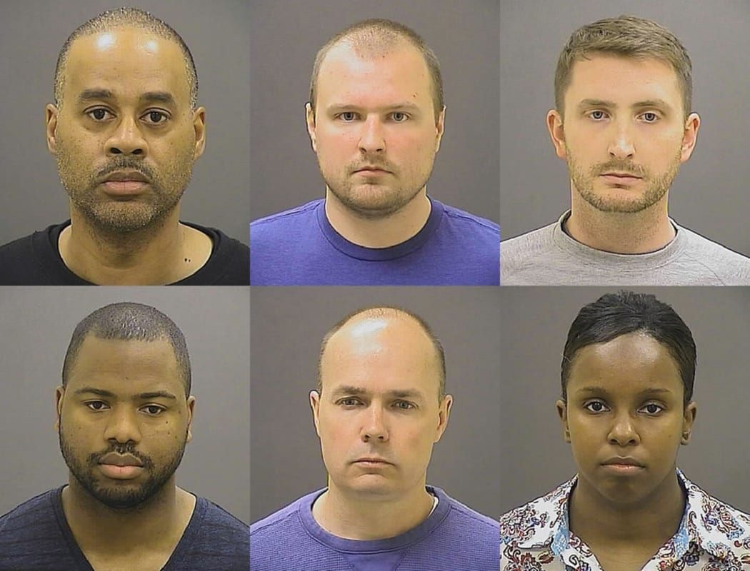 Police officers, top row from left, Caesar R. Goodson Jr., Garrett E. Miller and Edward M. Nero, and bottom row from left, William G. Porter, Brian W. Rice and Alicia D. White.