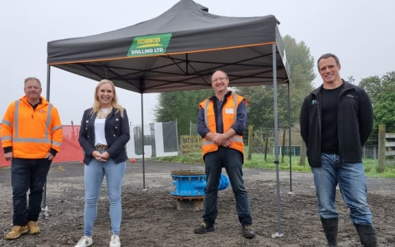 From left: 

Michael Job from SCL Civil Works, Napier Mayor Kirsten Wise, AJ Macdonald from Honnor Drilling, Napier City Council water strategy planning lead Lance Groves.