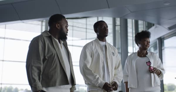 Samson Kayo as Cash, Damson Idris as Joshua Pearce and Sarah Niles as Bernadette in F1 The Movie.