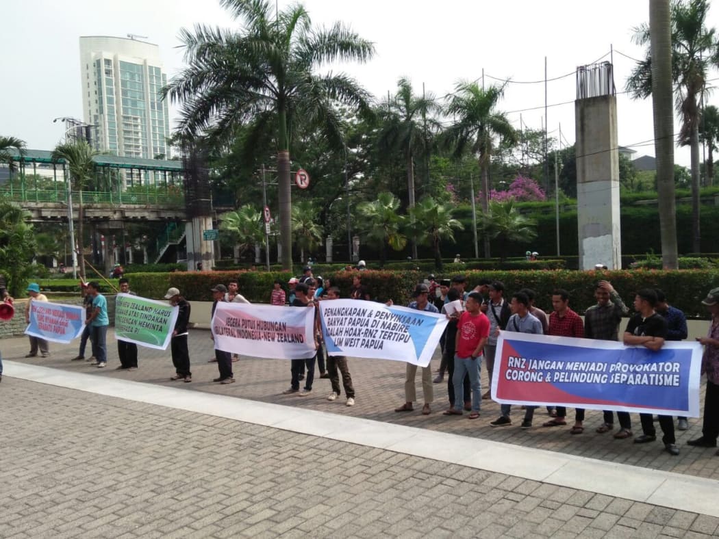 Protest against RNZ coverage of West Papua, outside the New Zealand embassy in Jakarta.