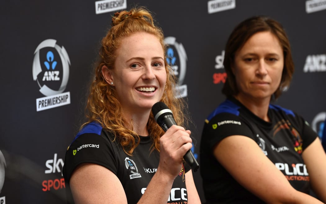 Sam Winders speaks, Amigene Metcalfe (coach) of WBOP Magic looks on at the ANZ Netball Premiership season launch at ANZ Centre, Auckland CBD on Monday 12th April 2021.