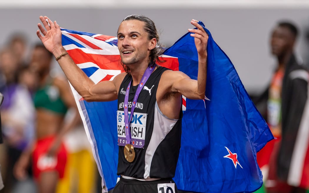 Geordie Beamish after winning the 3000m steeplechase final at the world track and field championships in Tokyo.