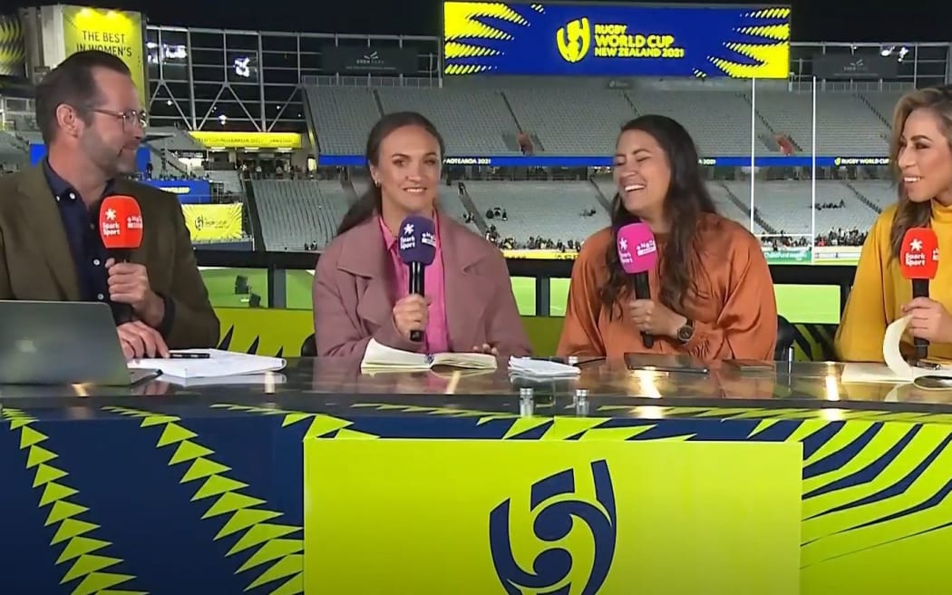 Scotty Stevenson hosting Spark Sport coverage of the Women's Rugby World Cup.