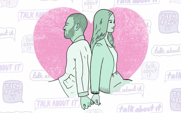 An illustration of a couple sitting with their backs to each other, but linking their pinkies together. Speech bubbles in the background repeat in different fonts with the words "talk about it".