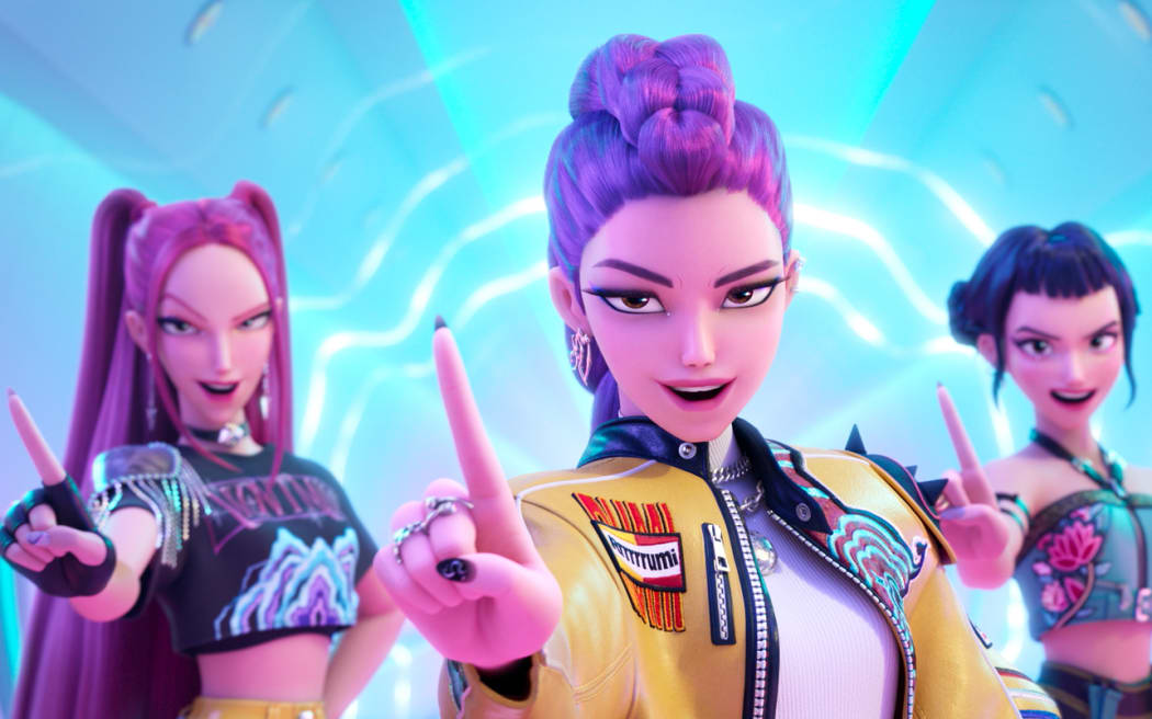 (Left to right) Mira (voice by MAY HONG), Rumi (voice by ARDEN CHO) and Zoey (voice by JI-YOUNG YOO).