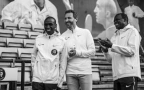 Valentijn Trouw with Eliud Kipchoge and Patrick Sang at the launch of the INEOS 1:59 Challenge.