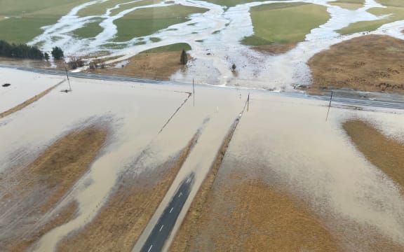 An aerial view of the intersection of Lake Ōhau Road and State Highway 8.