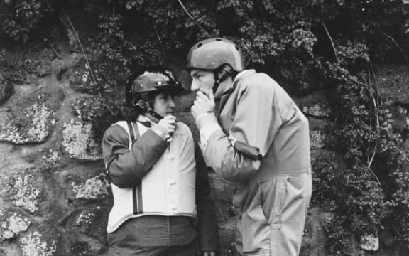 '81 Tour protest leaders Gaylene Jackson and John Minto confer. Auckland, September 12, 1981