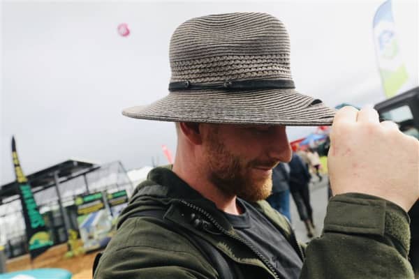 Cody Fitchers, from Bombay between Auckland and Waikato, shows off his hat at Fieldays on 12 June, 2025.