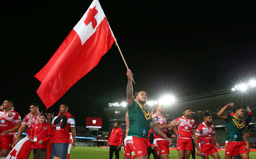Tonga celebrate their rugby league win over Australia