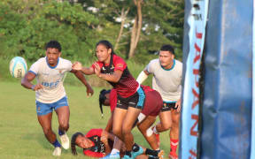 The Manusima 7s team in a scrimmage session with the Manu Samoa 7s team in Apia preparing for the World Sevens Challenger Series tournament in Cape Town in March 2025.