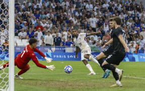 Andy Diouf shoots for France in their Olympic men's football match against New Zealand.