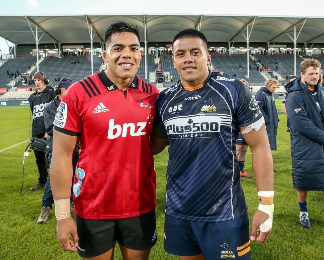 Brothers Michael and Allan Alaalatoa after a Super Rugby match between the Crusaders and Brumbies.