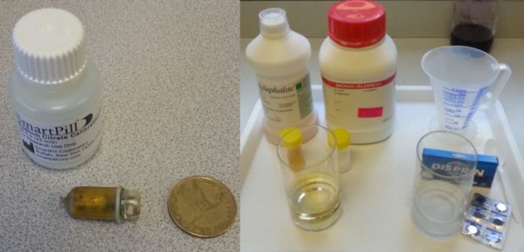A photo of the Smart Pill, the sugars in solution and aspirin tablets