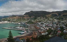 View to the west from the Timeball Station main tower, overlooking the inner harbour and township of Lyttelton, New Zealand, February 2010