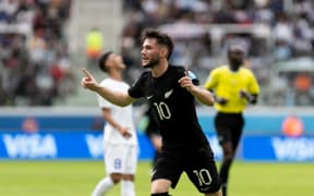 Jay Herdman celebrates after scoring for New Zealand U20 against Uzbekistan at 2023 World Cup in Argentina.