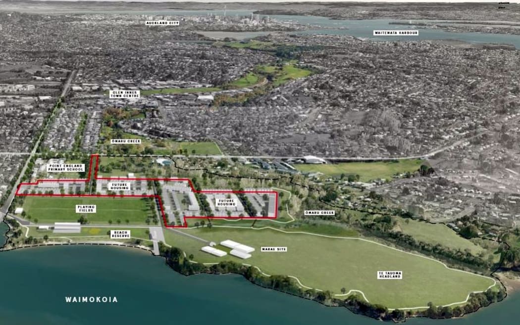 The area in red will be used for new homes under the plan for the Point England Reserve development.