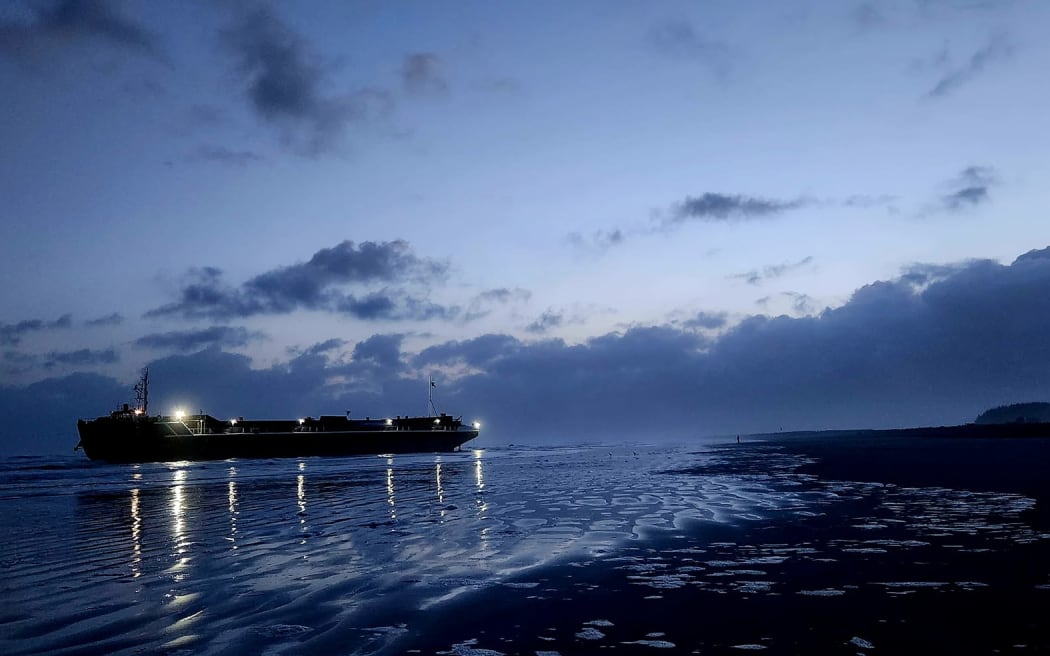 A Westland Mineral Sands motorised barge, the Manahau, came ashore at Carters Beach near Westport during a thunderstorm, between Saturday 31 August and Sunday 1 September, 2024.