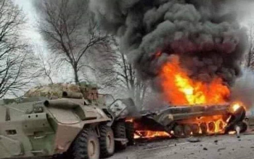 Image and footage released by Ukraine Ministry of Defense on Thursday Feb 24, 2022 allegedly shows a column of Russian 15 T-72 tanks are neutralized by the Javelin anti-aircraft missiles in the Glukhov area of Ukraine hours after Russia's invasion.