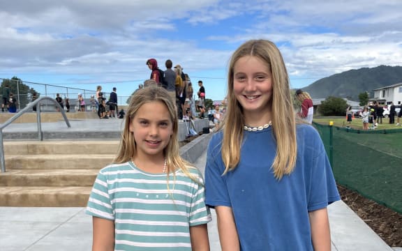 Zahlia, 12, (left) and Ari, 13, (right) at the Tairua Skate Park opening 15 April 2024.