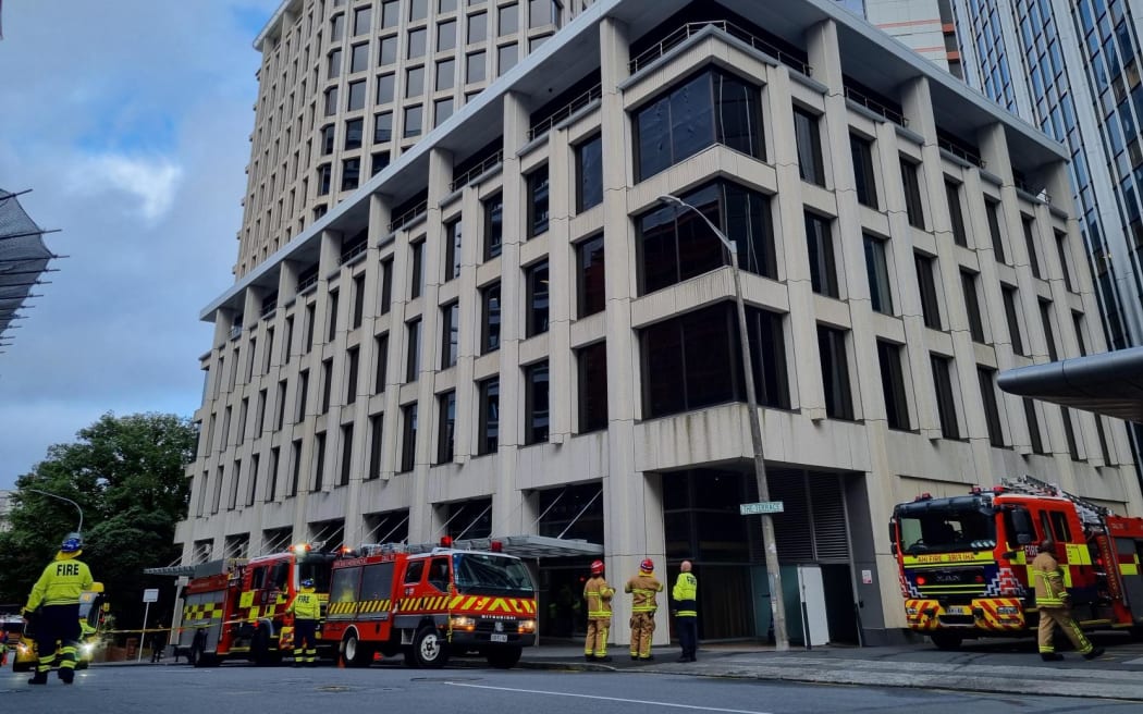 Firefighters respond to a fire in the basement of the Treasury building at The Terrace, Wellington Central, on 19 February, 2024.