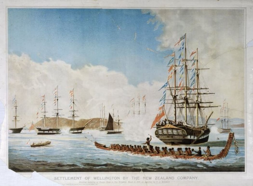 Clayton, Matthew Thomas, 1831-1922 :Settlement of Wellington by the New Zealand Company. Historical gathering of pioneer ships in Port Nicholson, March 8, 1840, as described by E J Wakefield.