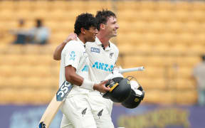 Rachin Ravindra of New Zealand and Will Young of New Zealand during day 5 of the 1st Test Match between India and New Zealand held at the M.Chinnaswamy Stadium, Bengaluru, India on the 20th October 2024

Photo by Arjun Singh / Sportzpics for BCCI